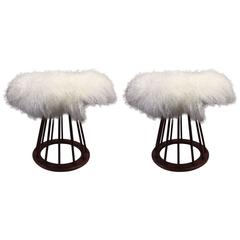 Pair of Arthur Umanoff Stools Covered in Long Haired Sheep Fur 1