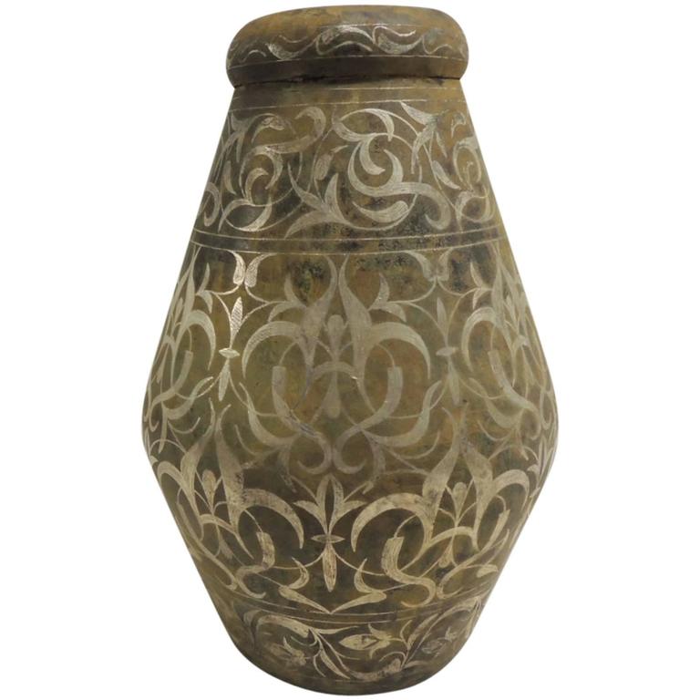 CLOSE OUT SALE: Vintage Tall Indian Inlaid Silver Ceramic Vase