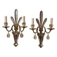 Wonderful Pair Modern Maison Bagues Urn Crystal Rock Crystal Fern Leaf Sconces