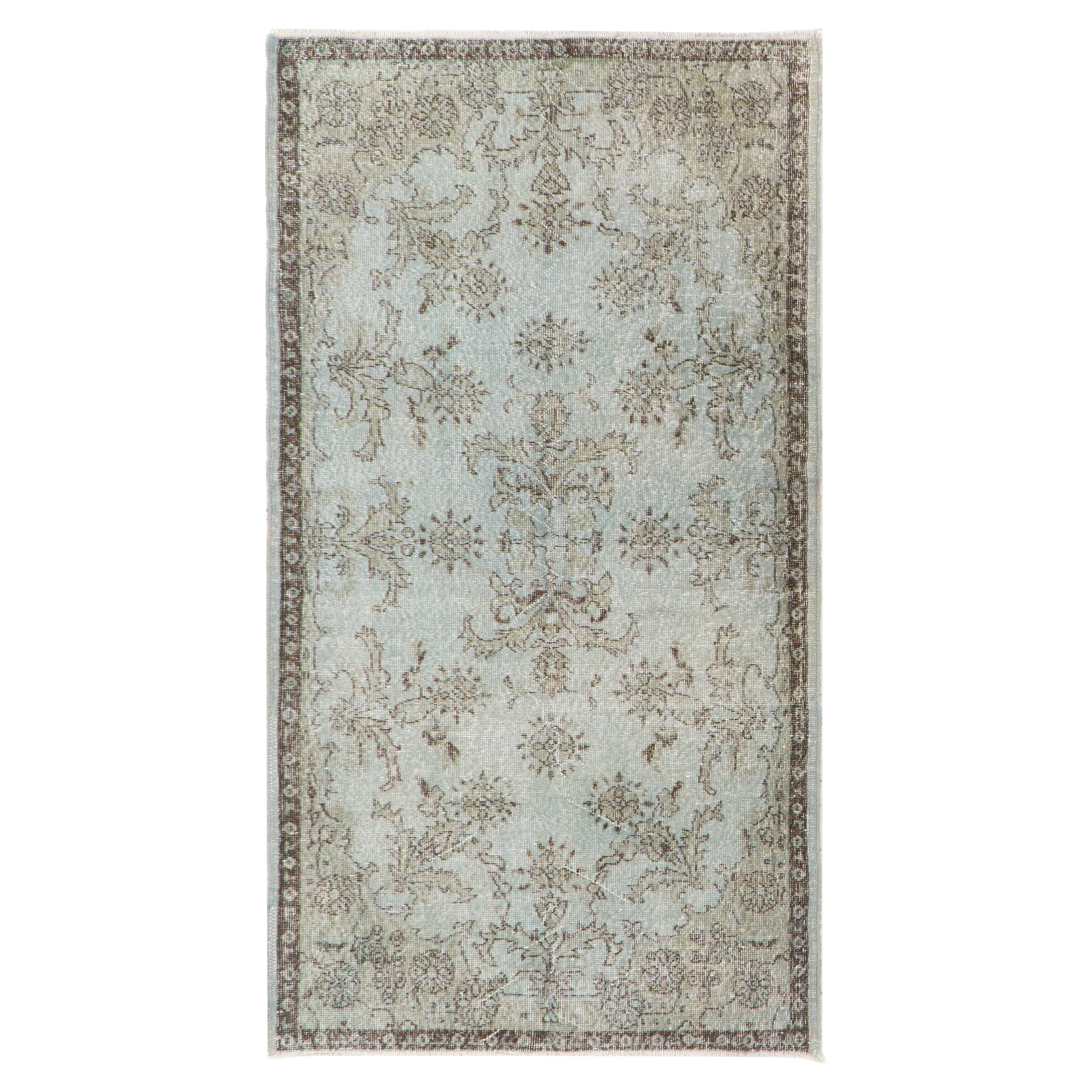 Tappeto contemporaneo in lana turca 3.7x7 Ft in azzurro, annodato a mano in Turchia