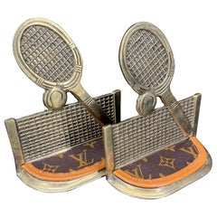 Pair of Brass Tennis Rackets Bookends with Louis Vuitton Monogram Fabric