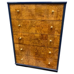 1970s Milo Baughman Style Burlwood Front and Blue Lacquered Tall Chest