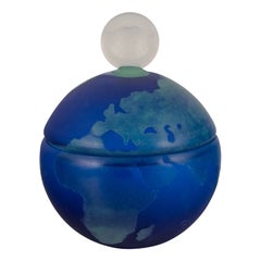 Johansfors Glasbruk, Sweden. Lidded jar in art glass. Globe design.