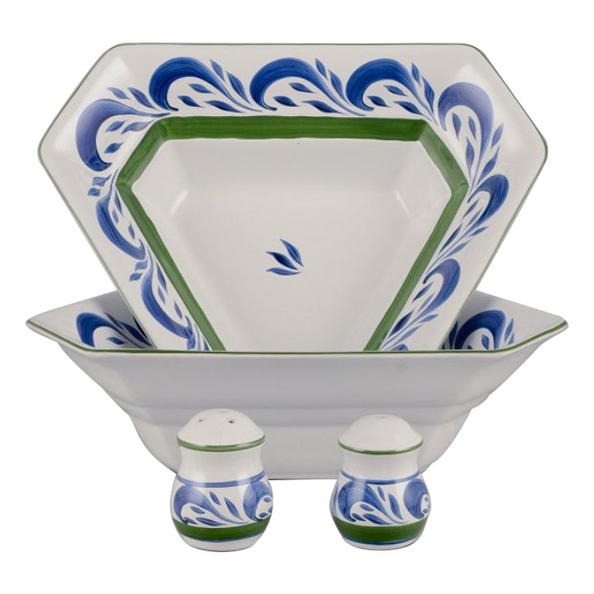 Herend, Hungary. Two large salad bowls and a salt and pepper set in ceramic.