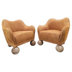 Sillas Club Vintage Rústicas Contemporáneas Recién Tapizadas en Ante/Piel de Vaca, Pareja