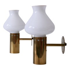 Set of Two Elegant Mid-Century Modern Brass & Glass Sconces Sweden 1950s