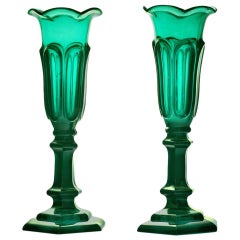 Antique Rare Pair of Emerald Green Sandwich Glass Loop Vases