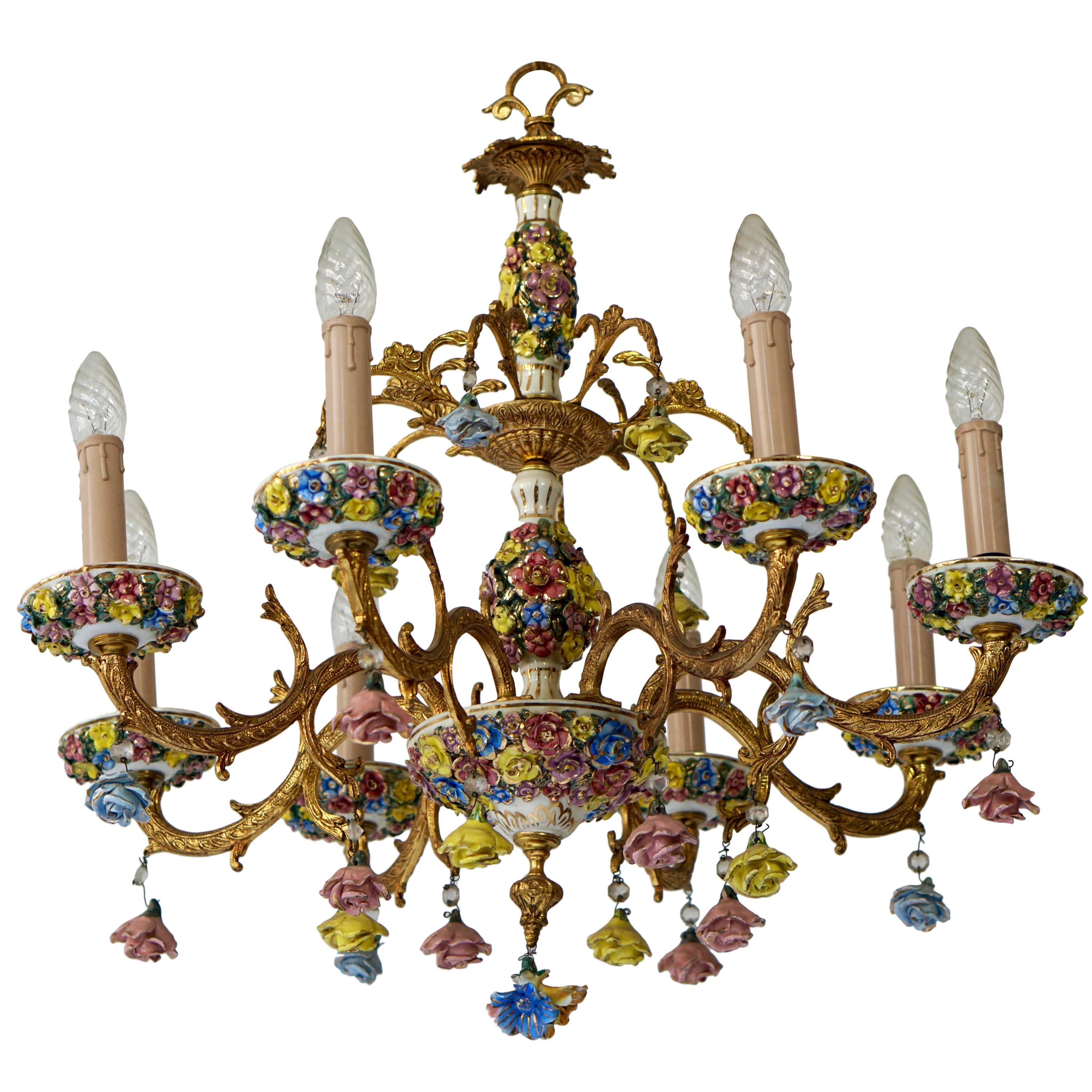 Italian Porcelain Flower Gilt Iron Chandelier