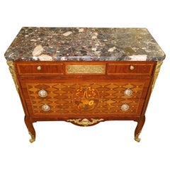 French Louis XVI Style Marble Top Bronze Mounted Inlaid Dresser Commode C 1920's