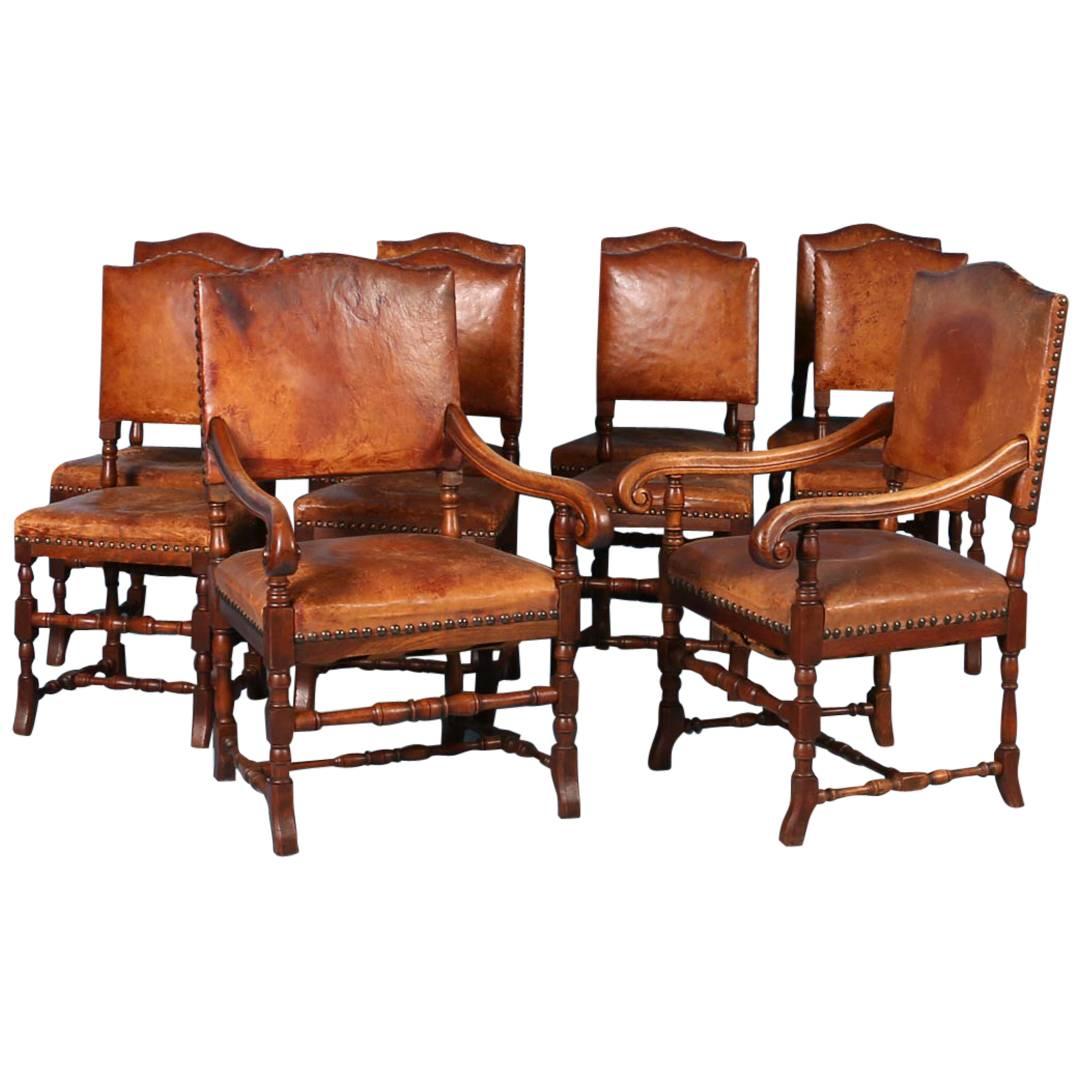 Set of Ten Oak Dining Chairs with Leather Seats and Back, Denmark, circa 1890