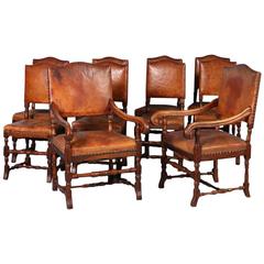Antique Set of Ten Oak Dining Chairs with Leather Seats and Back, Denmark, circa 1890