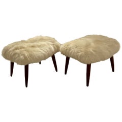Fine Pair of Teck and Sheepskin Ottomans Attributed to Poul Volther Denmark.