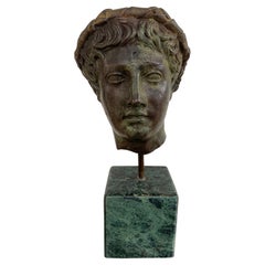 Classical Brass Verdigris Mythological Male Bust Sculpture on Marble Base