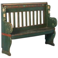Antique Original Green Painted High Back Bench, Denmark circa 1860