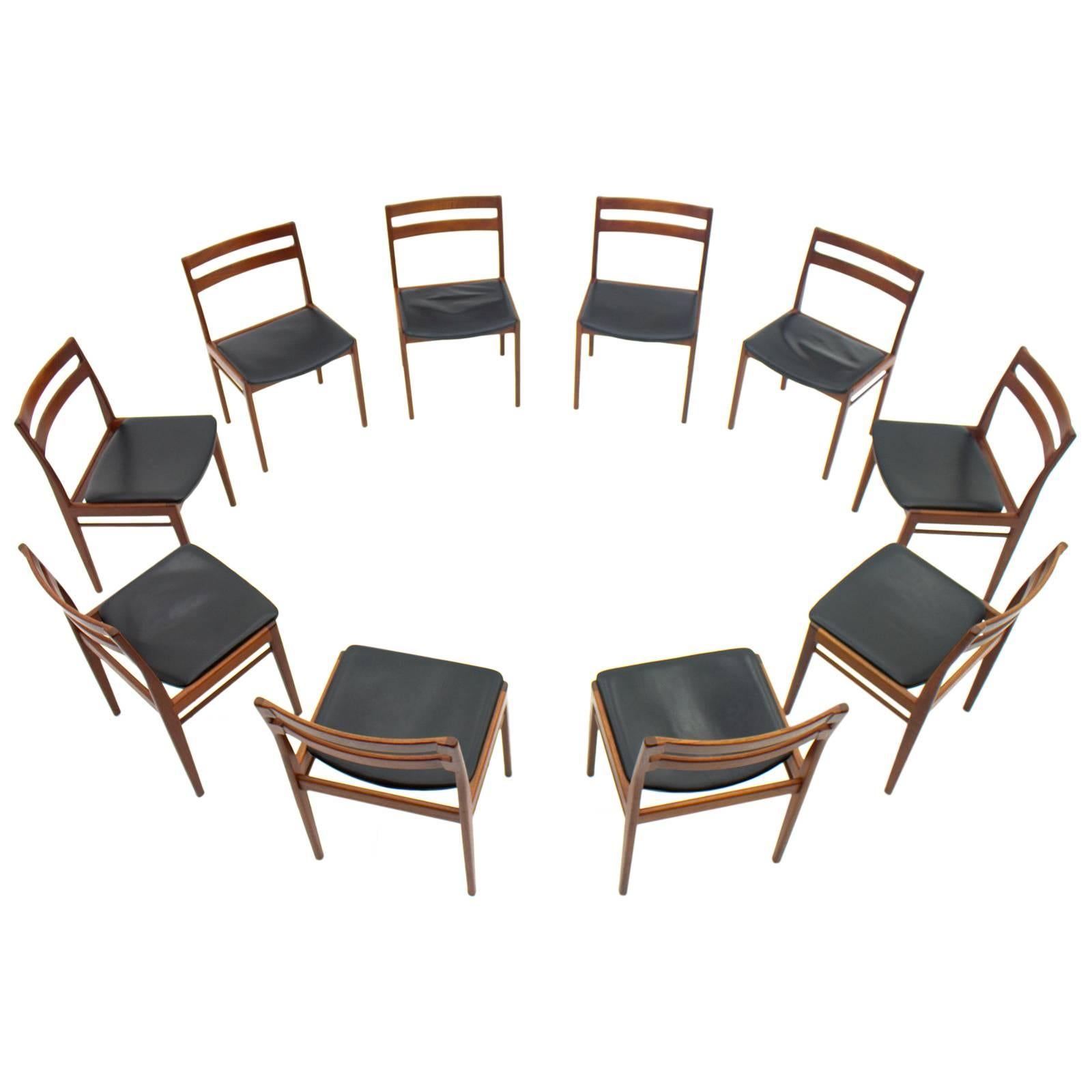 Set of Ten Danish Teak and Leather Dining Chairs by Rosengren Hansen, 1960s For Sale