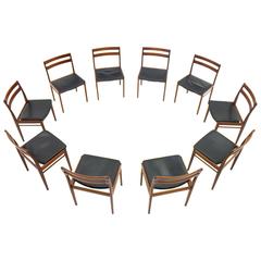 Set of Ten Danish Teak and Leather Dining Chairs by Rosengren Hansen, 1960s