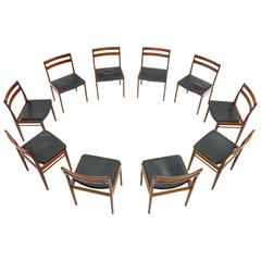 Set of Ten Danish Teak and Leather Dining Chairs by Rosengren Hansen, 1960s 5
