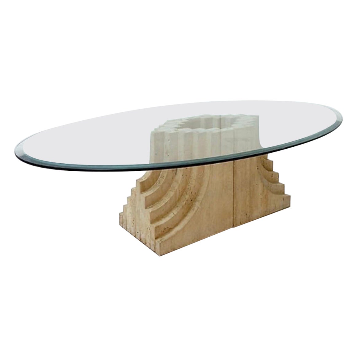 Sculptural Glass and Travertine coffee table Tobia Scarpa style For Sale