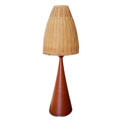 Vintage teak mushroom table lamp wicker lampshade