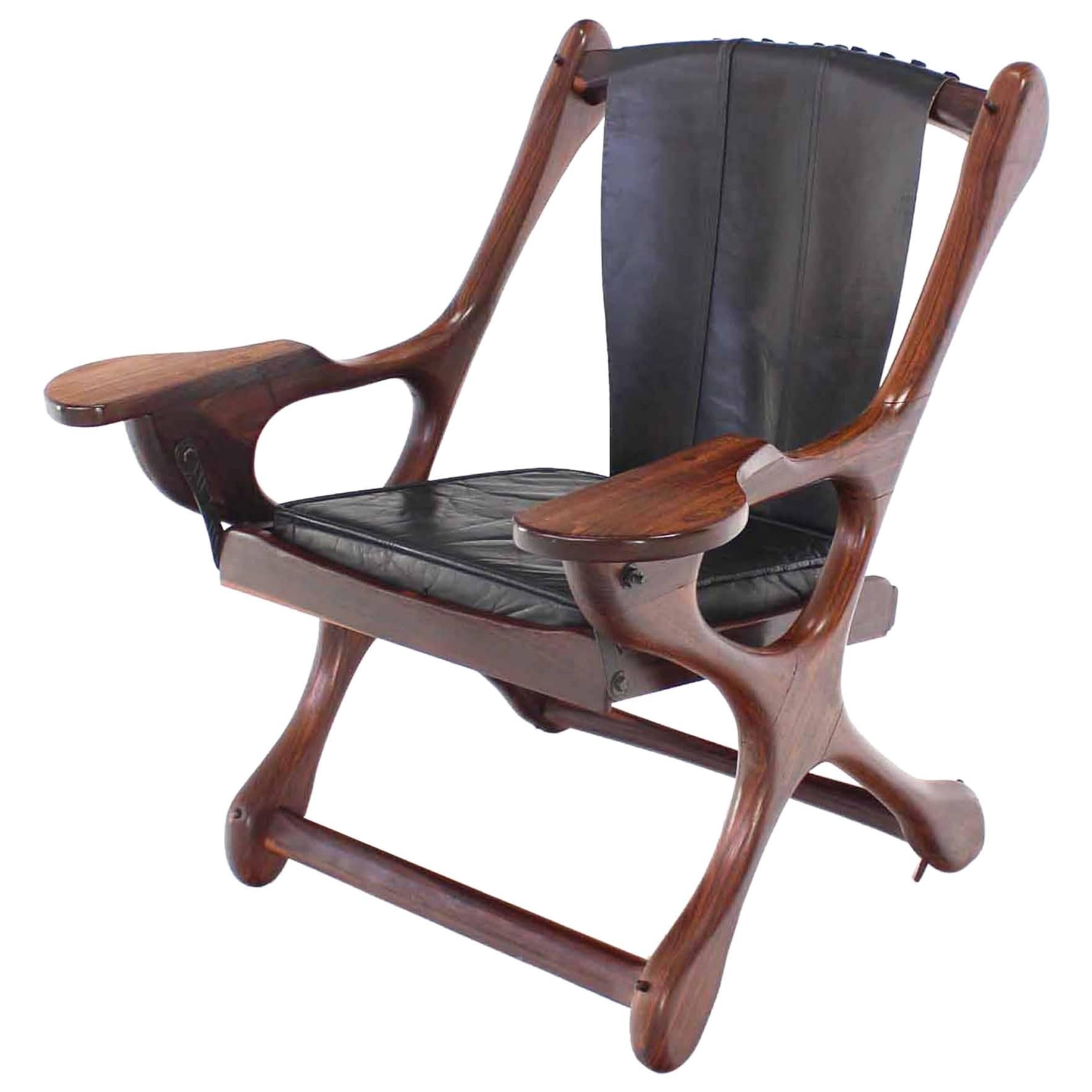 Heavy Rosewood Frame Leather Upholstery Lounge Chair For Sale