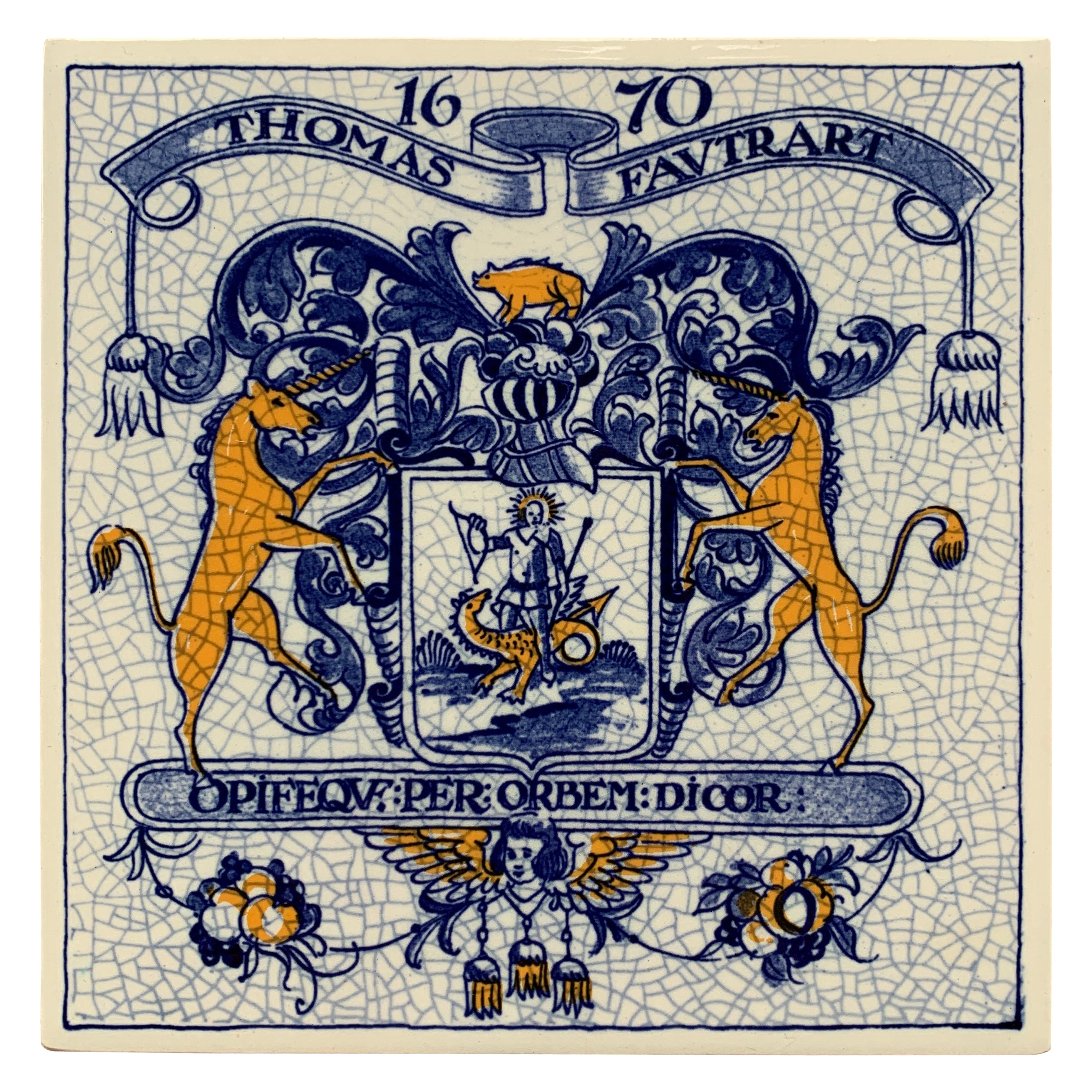 Alte niederländische Delft Fliese in Blau und Weiß mit heraldischem Wappen