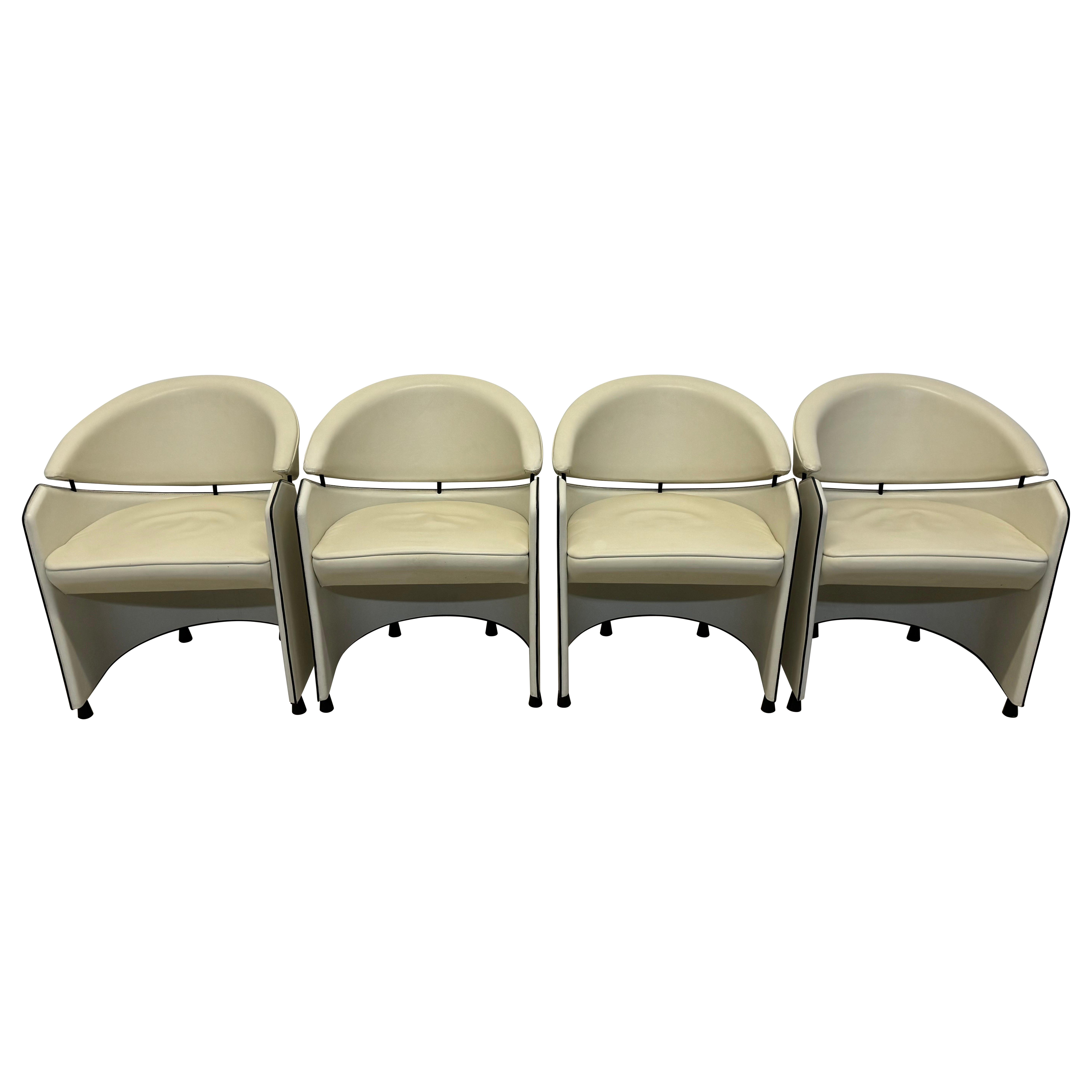 Matteo Grassi Cream Leather Barrel Back Dining Arm Chairs - Set of Four