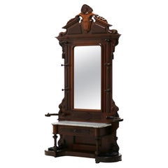 Antique Renaissance Revival Carved Walnut & Burl Marble Top Hall Mirror c1880