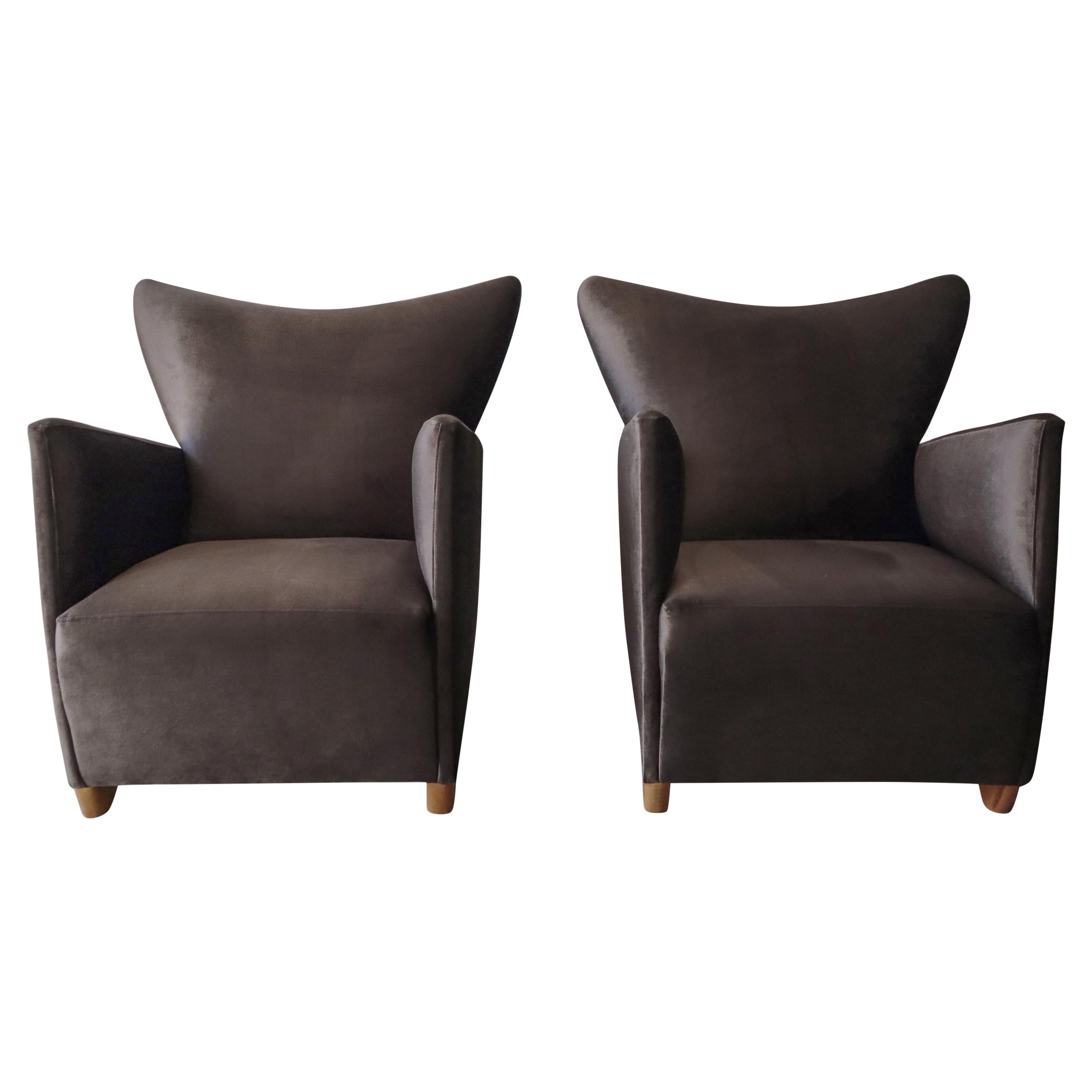 Pair of Oversized Art Deco Wingback Lounge Chairs