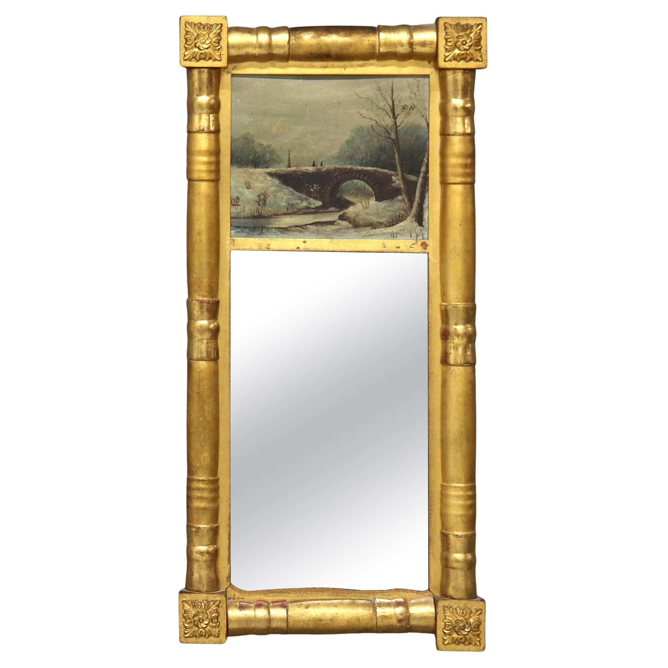 Antique American Empire Giltwood Wall Mirror & Oil on Board Landscape Painting