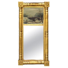 Antiguo espejo de pared de madera dorada del Imperio Americano y pintura de paisaje al óleo sobre tabla