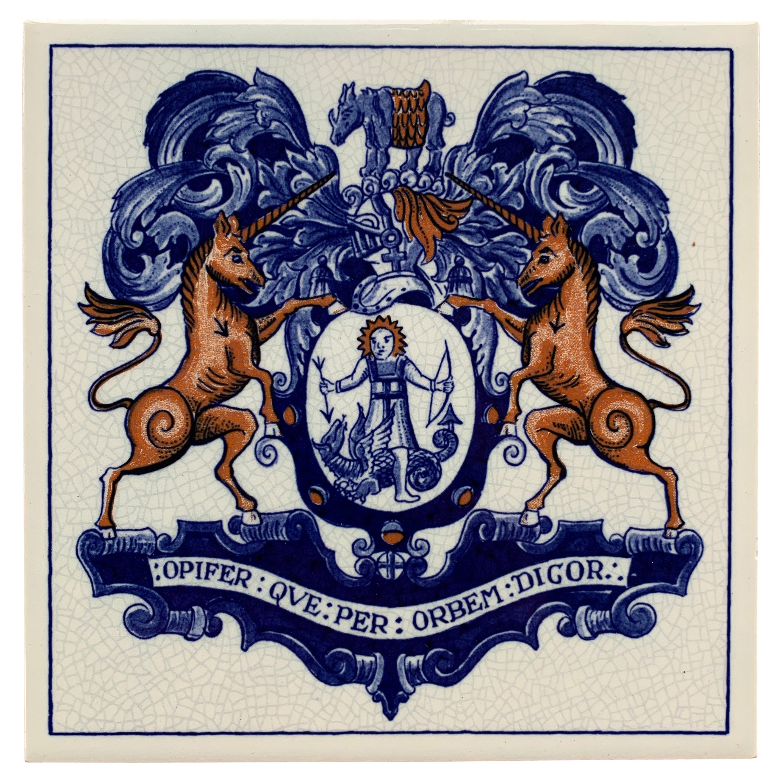 Alte niederländische Delft Fliese in Blau und Weiß mit heraldischem Wappen