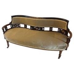 Superbe banquette victorienne ancienne en bois de rose incrusté