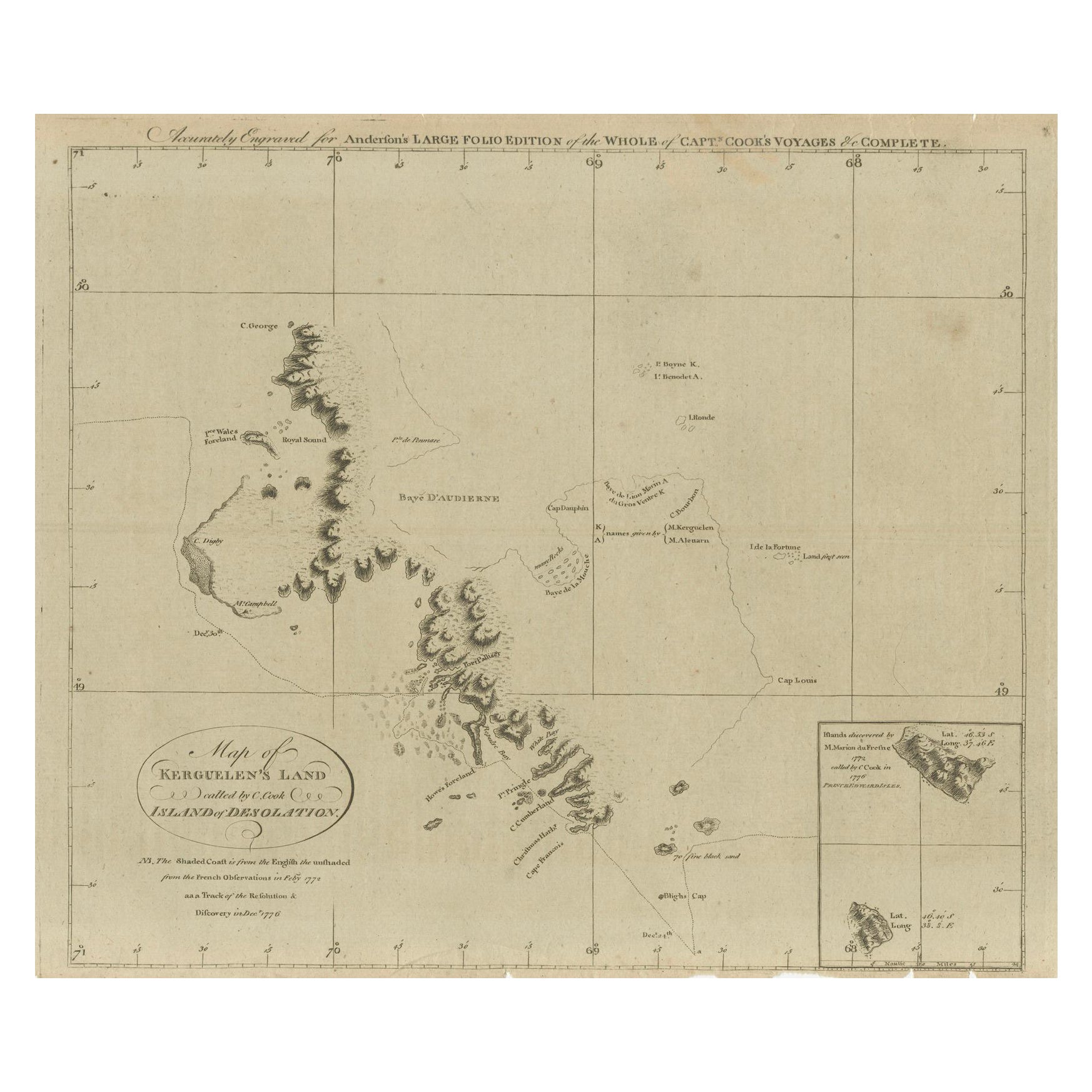 Mapa de la Tierra de Kerguelen: La Isla de la Desolación Explorada por el Capitán Cook