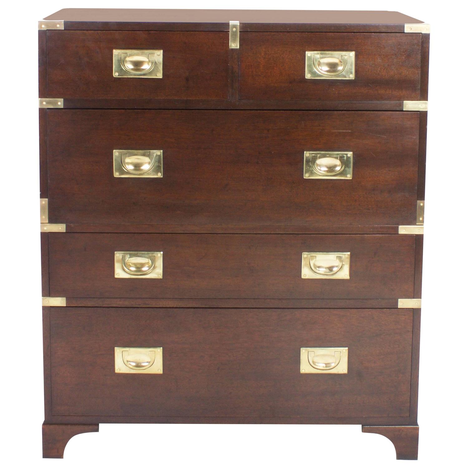 Vintage English Mahogany Chest of Drawers with Brass Campaign Style