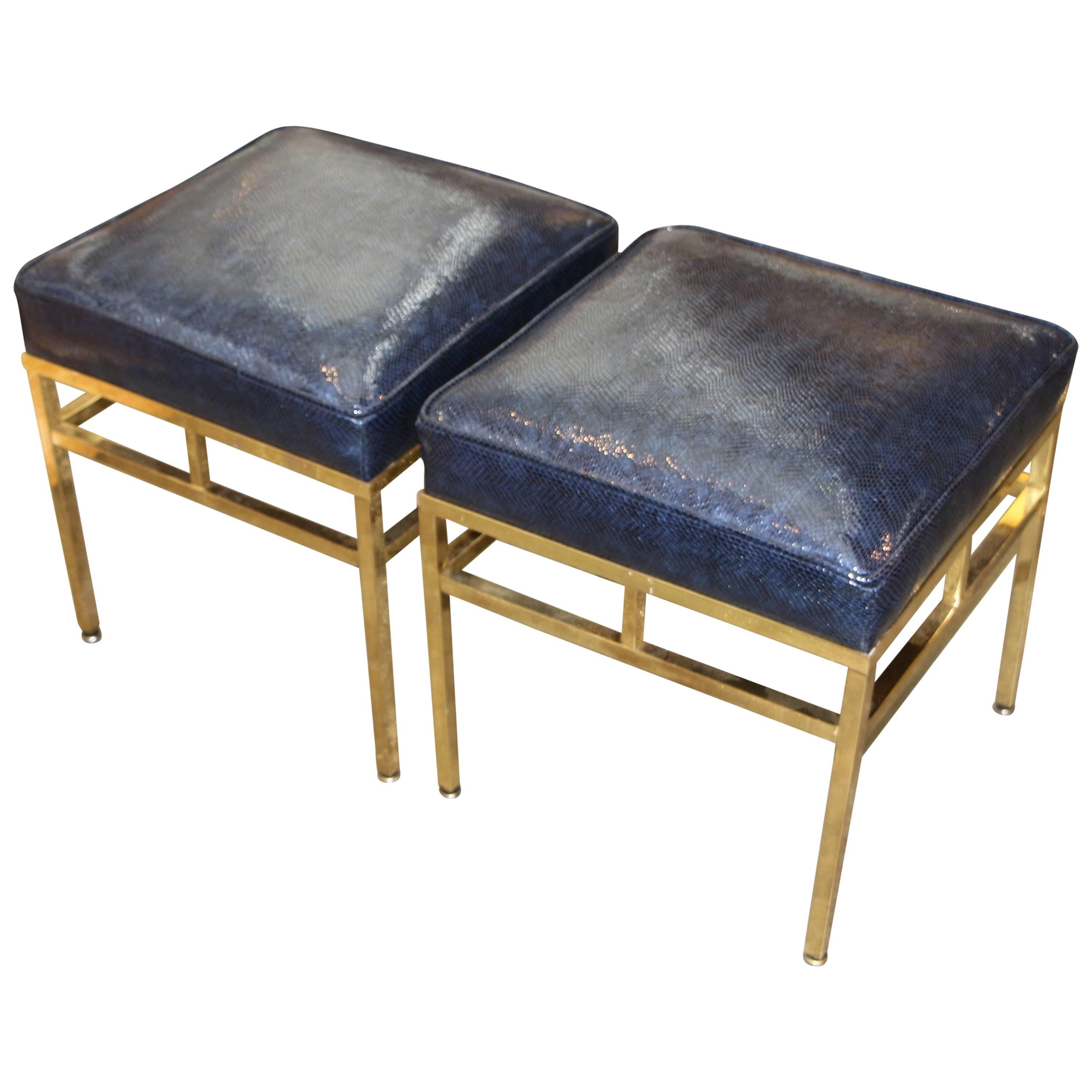 Faux Lizard or Snake Leather Topped Brass Ottomans