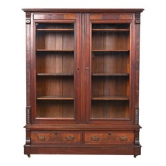 Herter Brothers Style Antique Eastlake Victorian Burl Wood Glass Front Bookcase
