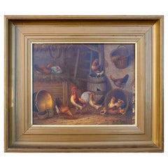Pittura a olio su tavola del 1950 con galline. Firmato