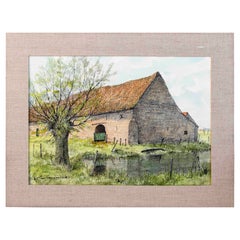 Vintage 1970s Hand Painted and Signed Print of Barn with Tree and Vegetation