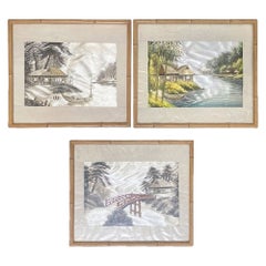Vintage Three Chinese Silk Embroidery Tapestry Art Tropical Landscape in Rattan Frames