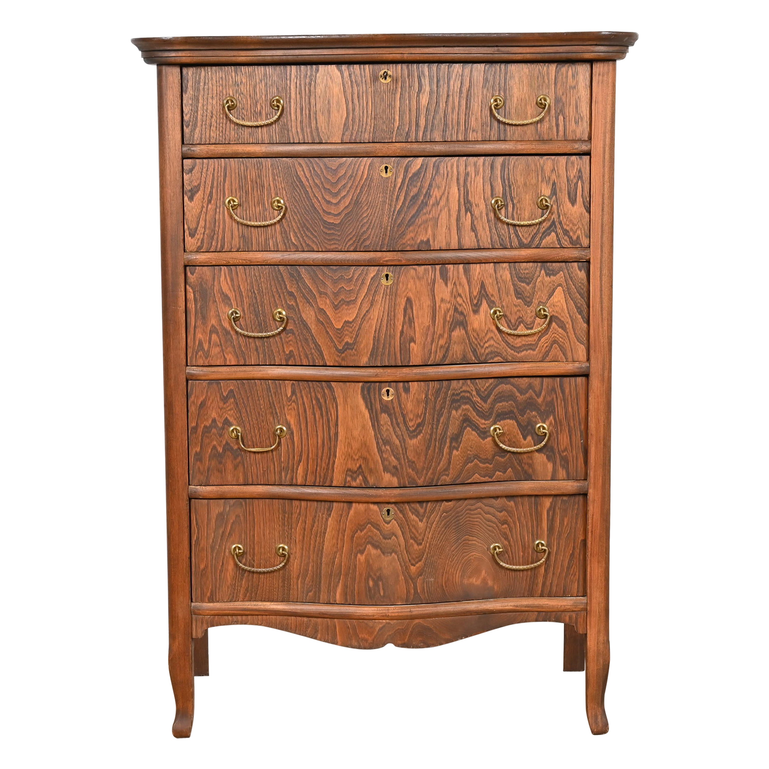 Antique Victorian Figured Oak Five-Drawer Highboy Dresser For Sale