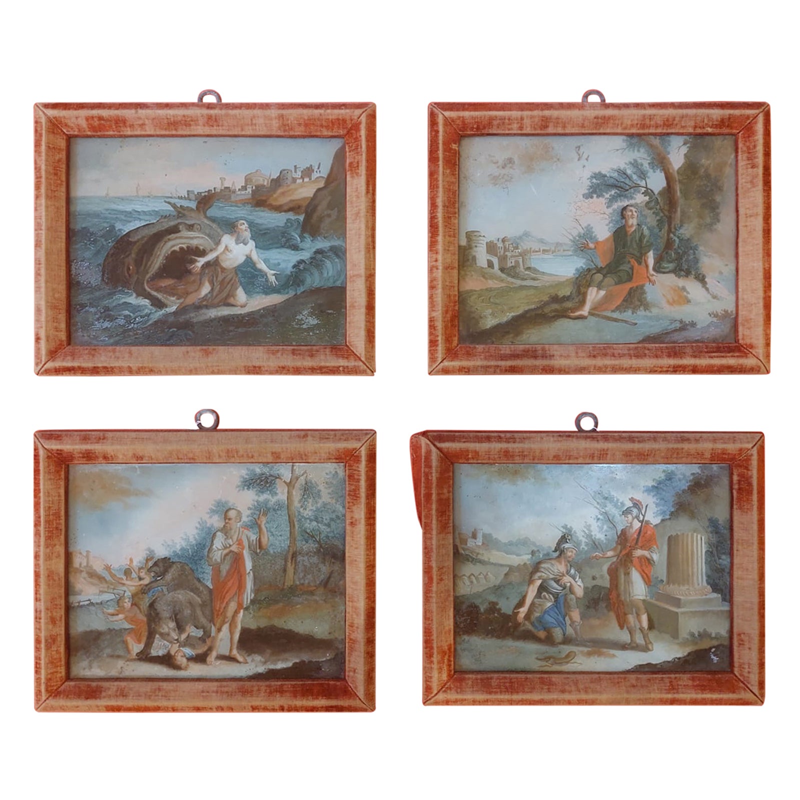 Four Neapolitan underglaze paintings with frame