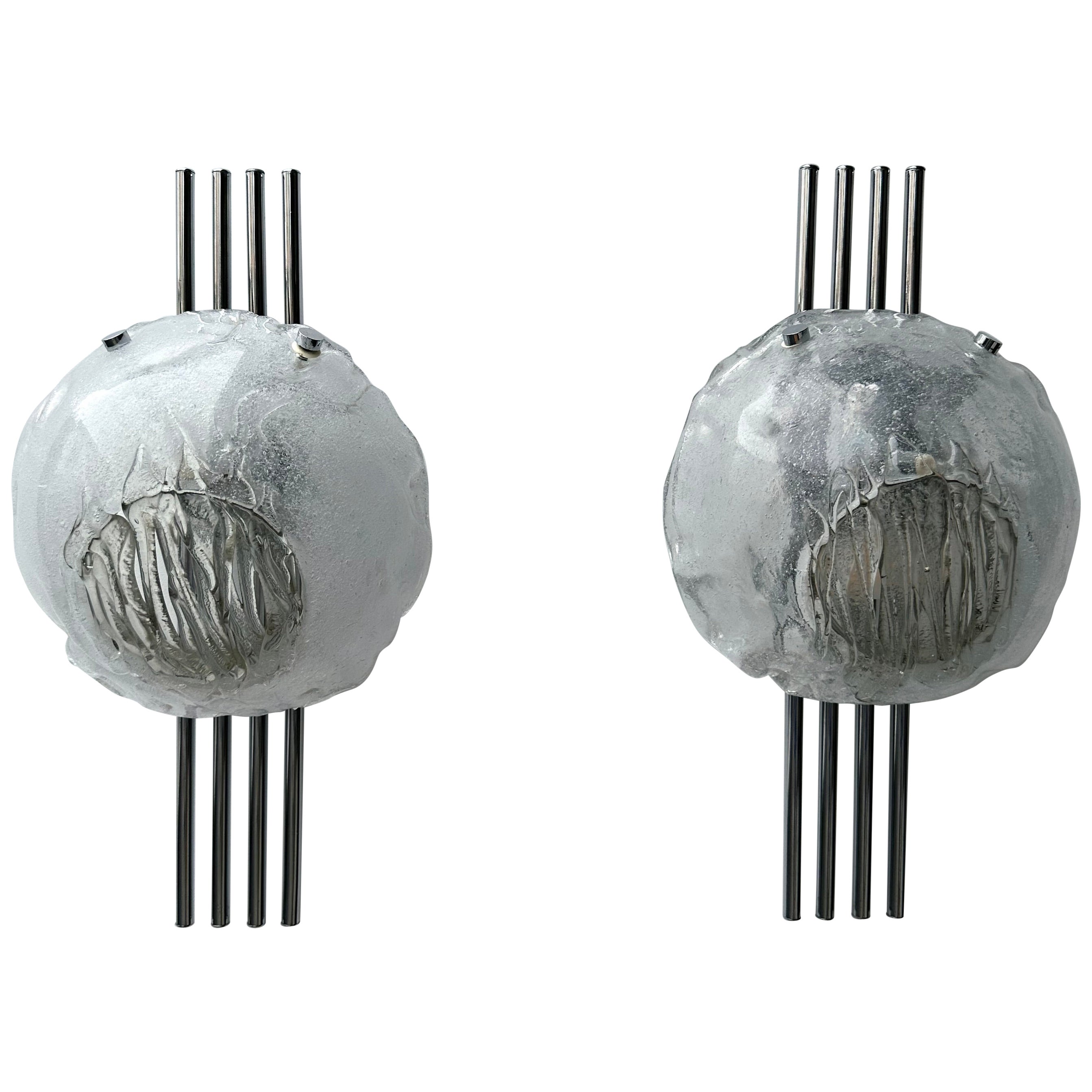 Pair of Murano Glass and Metal Chrome Sconces by Esperia. Italy, 1970s
