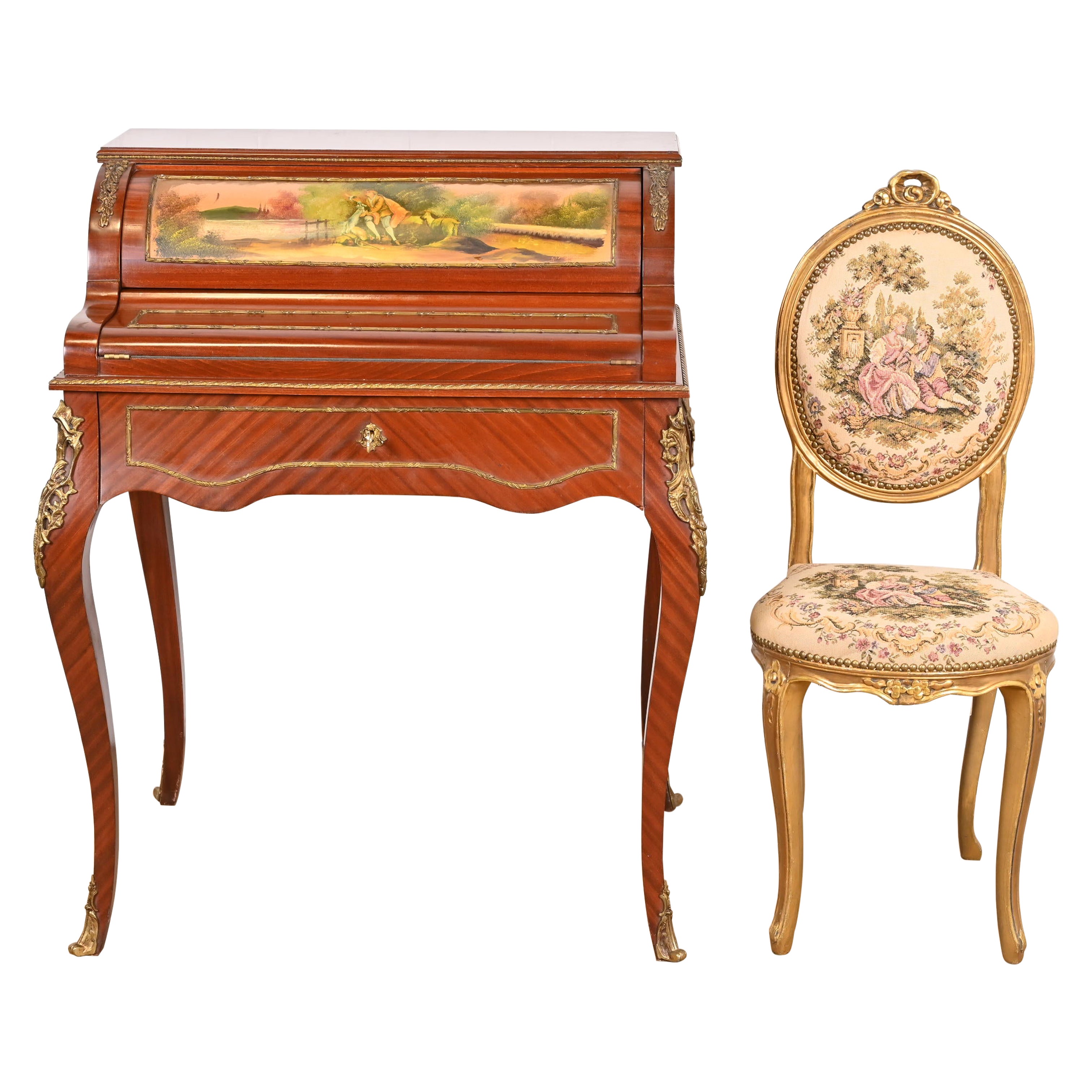 Antique French Regency Louis XV Ladies Writing Desk y Silla de Escritorio Dorada