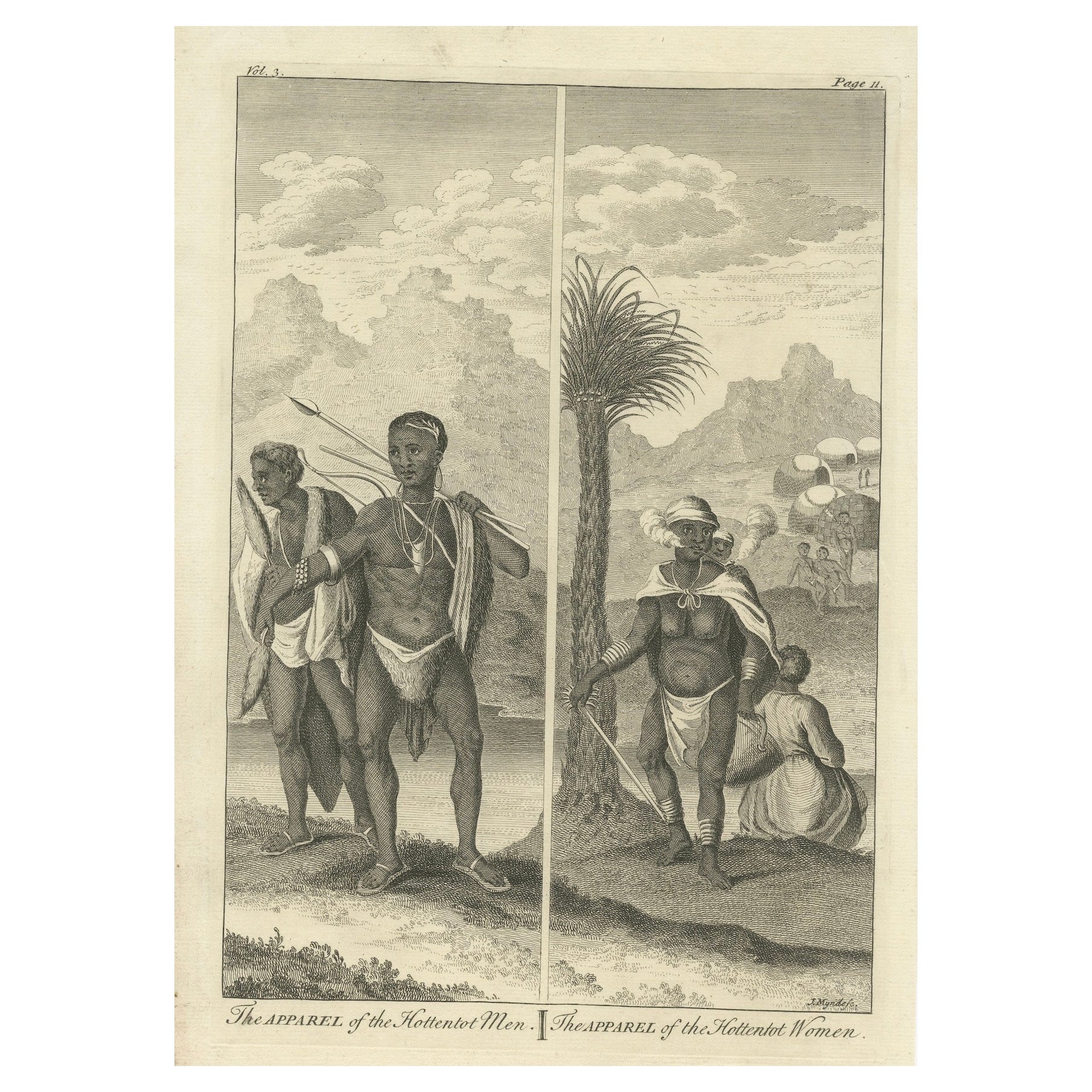 The Apparel of Hottentot Men and Women: Old Engraving, Cape of Good Hope, 1745 For Sale