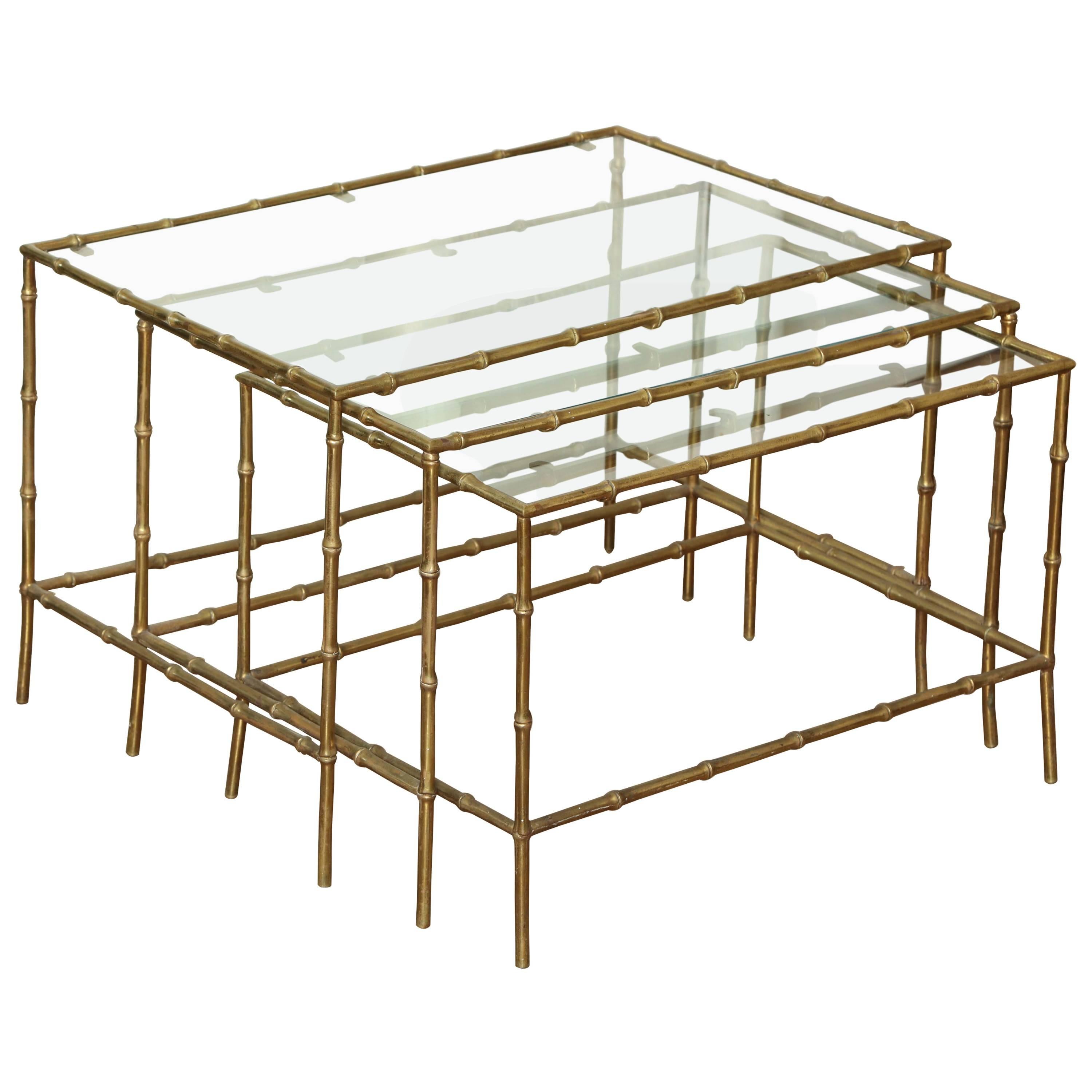 Set of Three Brass Bamboo Nesting Tables, circa 1950 For Sale