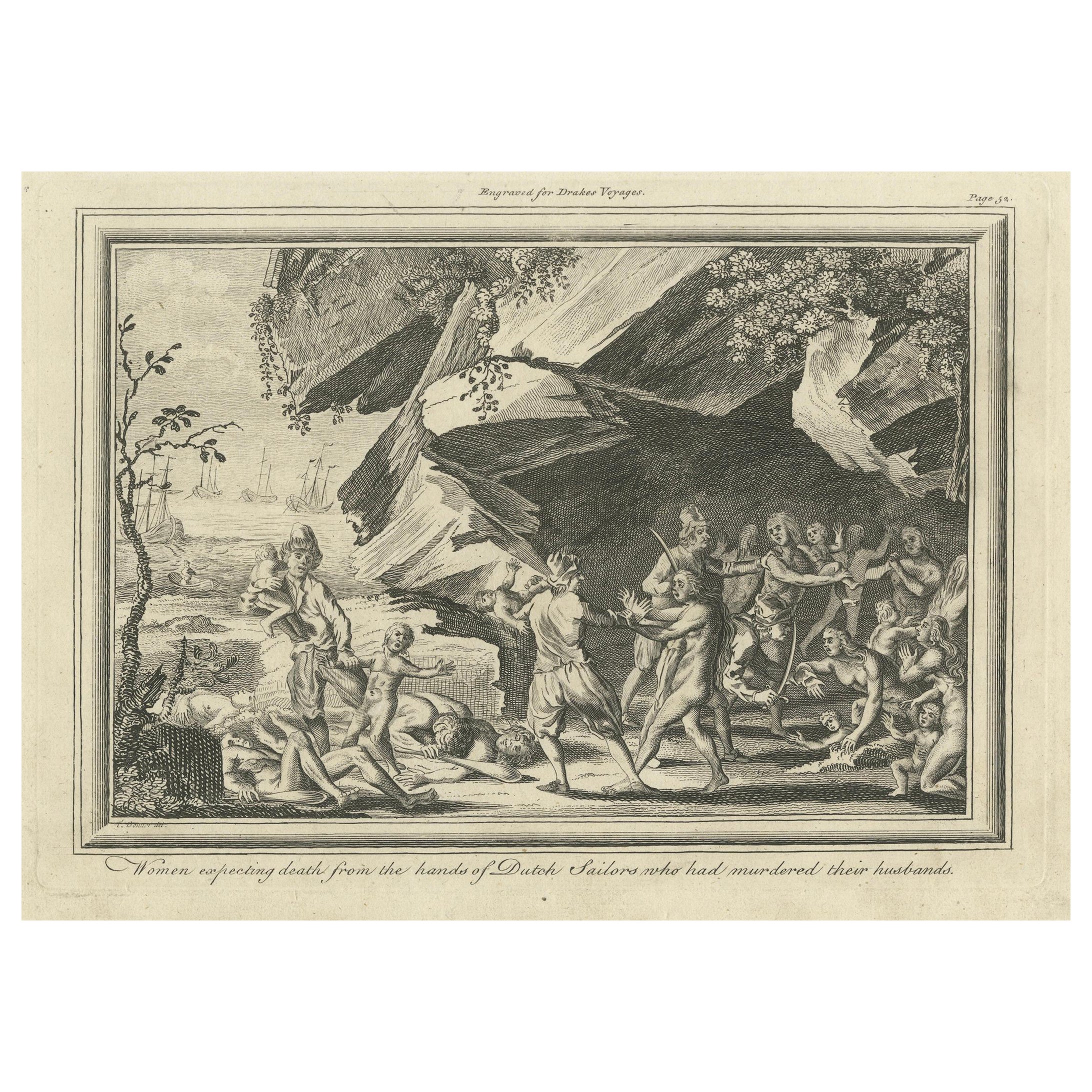 Engraving of Women Resisting Capture by Dutch Pirates, Strait of Magellan, 1768
