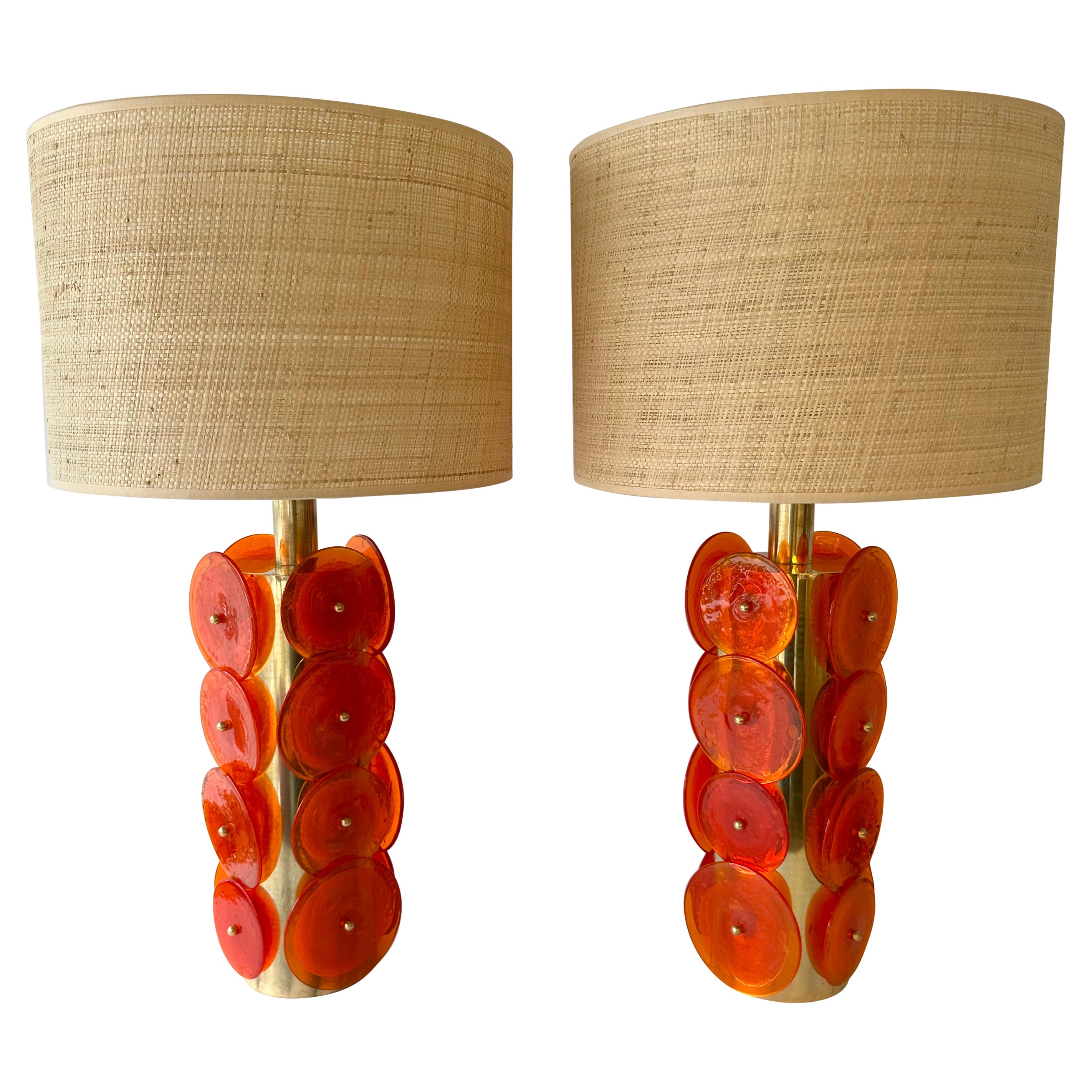 Contemporary Pair of Brass Murano Glass Orange Disc Lamps, Italy