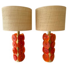 Contemporary Pair of Brass Murano Glass Orange Disc Lamps, Italy