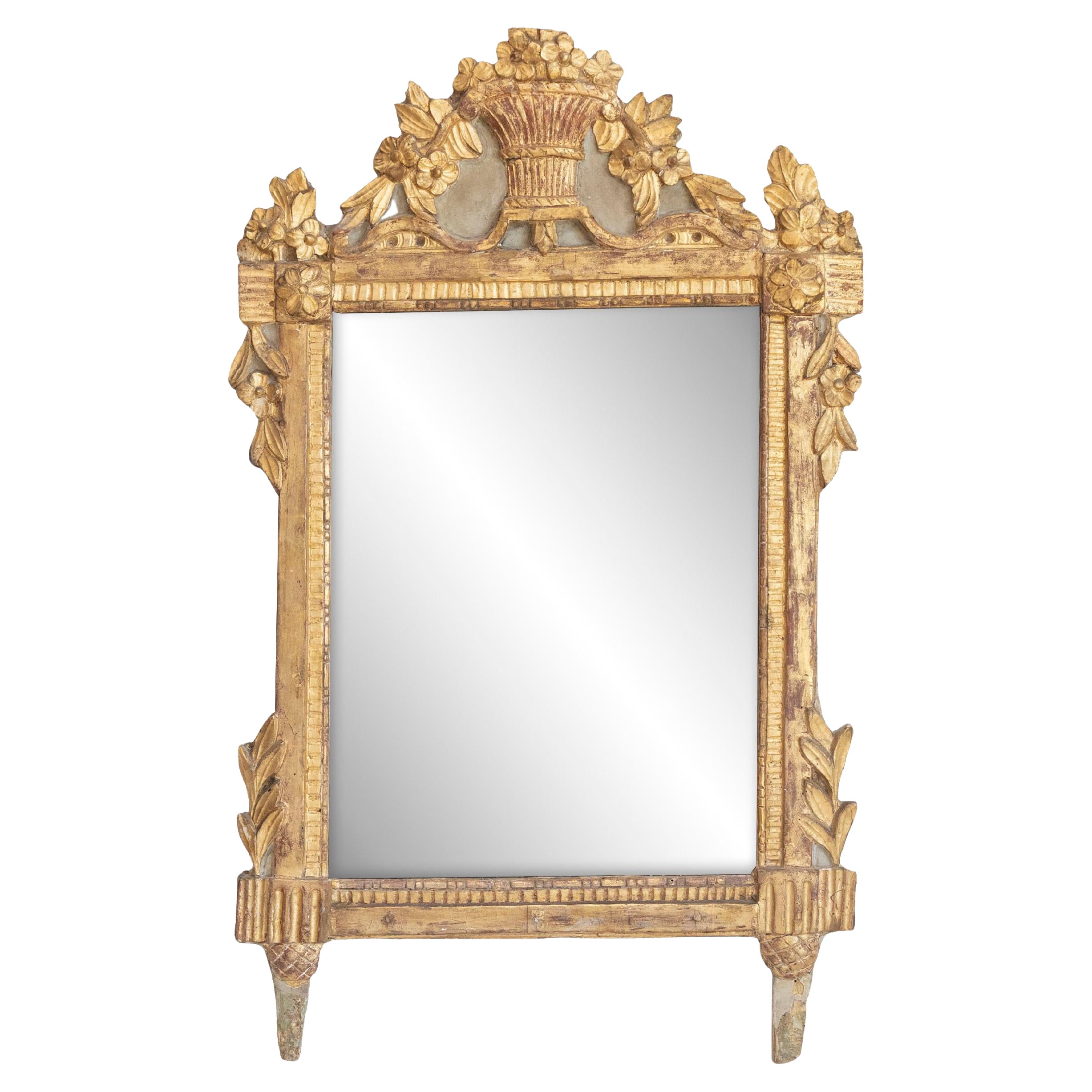 French Louis XVI 18th Century Giltwood Mirror with Carved Bouquet of Flowers For Sale