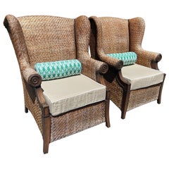 Pair of Vintage Wicker Wingback Armchairs Rattan Armchairs Palm Beach Style Pair